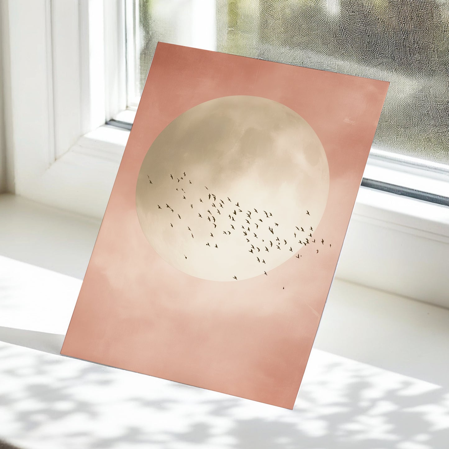 Blush Moon Migration, pink, beige, black nature wall art displayed in a styled interior, gallery view 5
