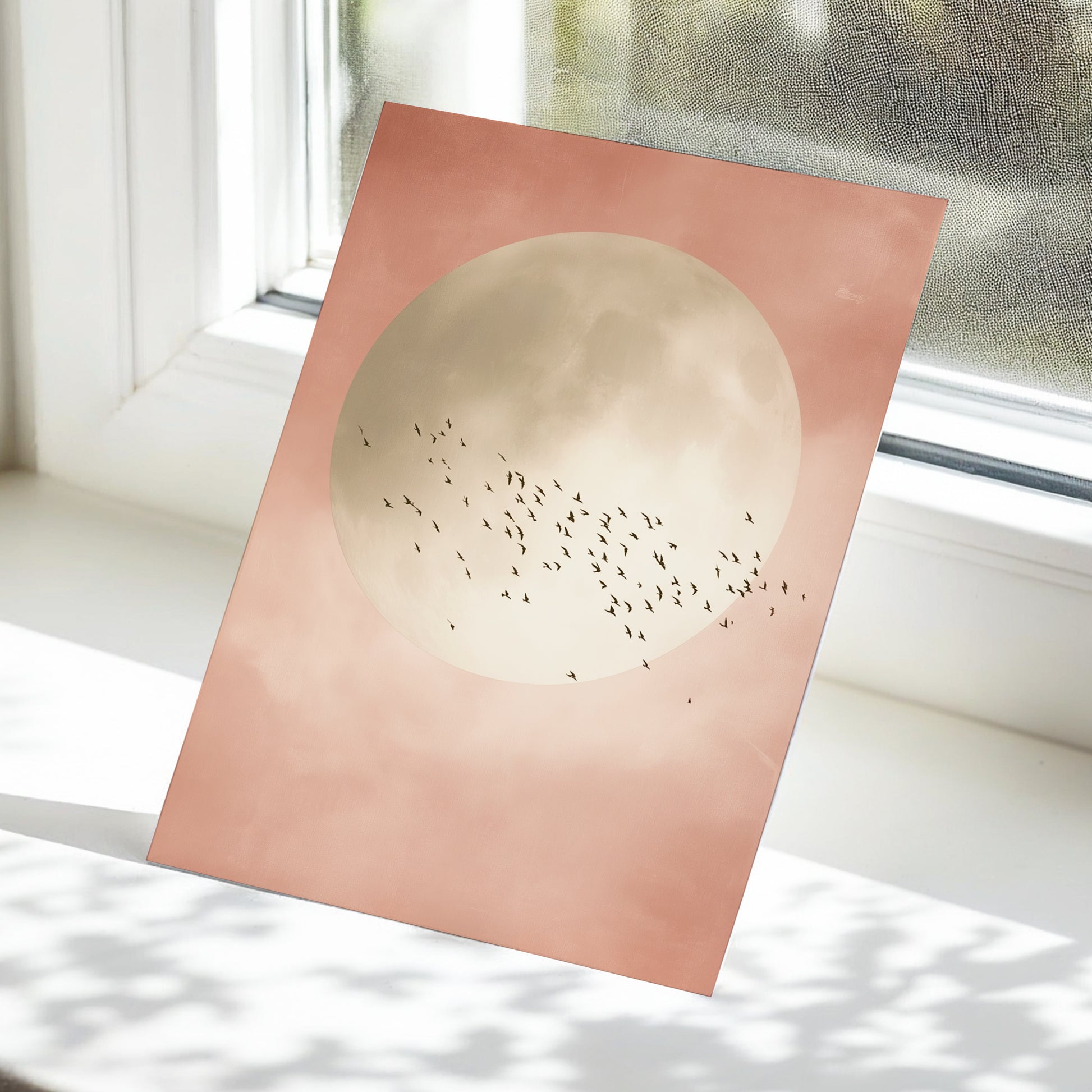 Blush Moon Migration, pink, beige, black nature wall art displayed in a styled interior, gallery view 5