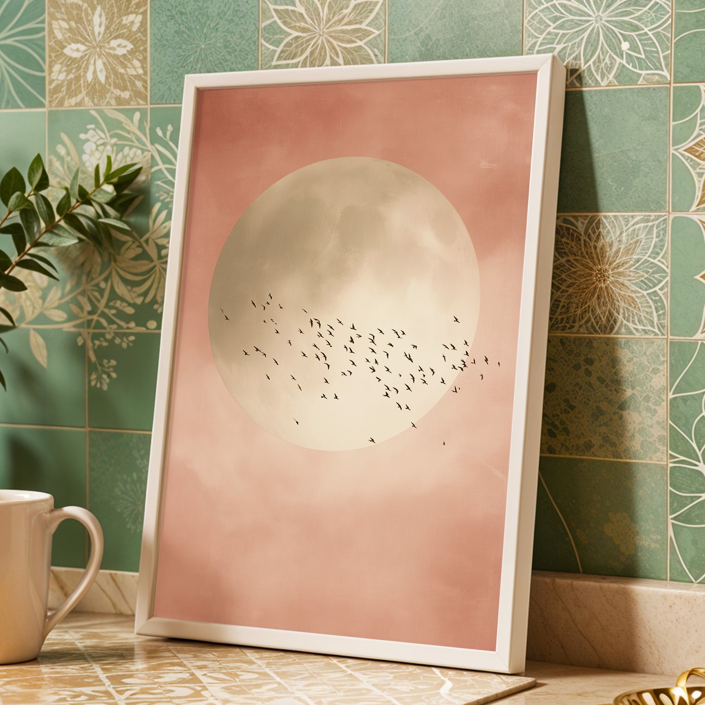 Blush Moon Migration, pink, beige, black nature wall art displayed in a styled interior, gallery view 6