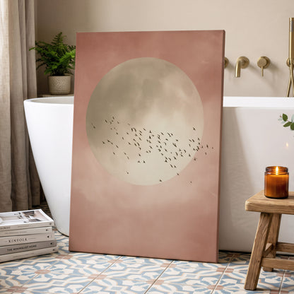 Blush Moon Migration, pink, beige, black nature wall art displayed in a styled interior, gallery view 7