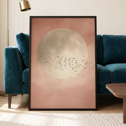 Blush Moon Migration, pink, beige, black nature wall art displayed in a styled interior, gallery view 9