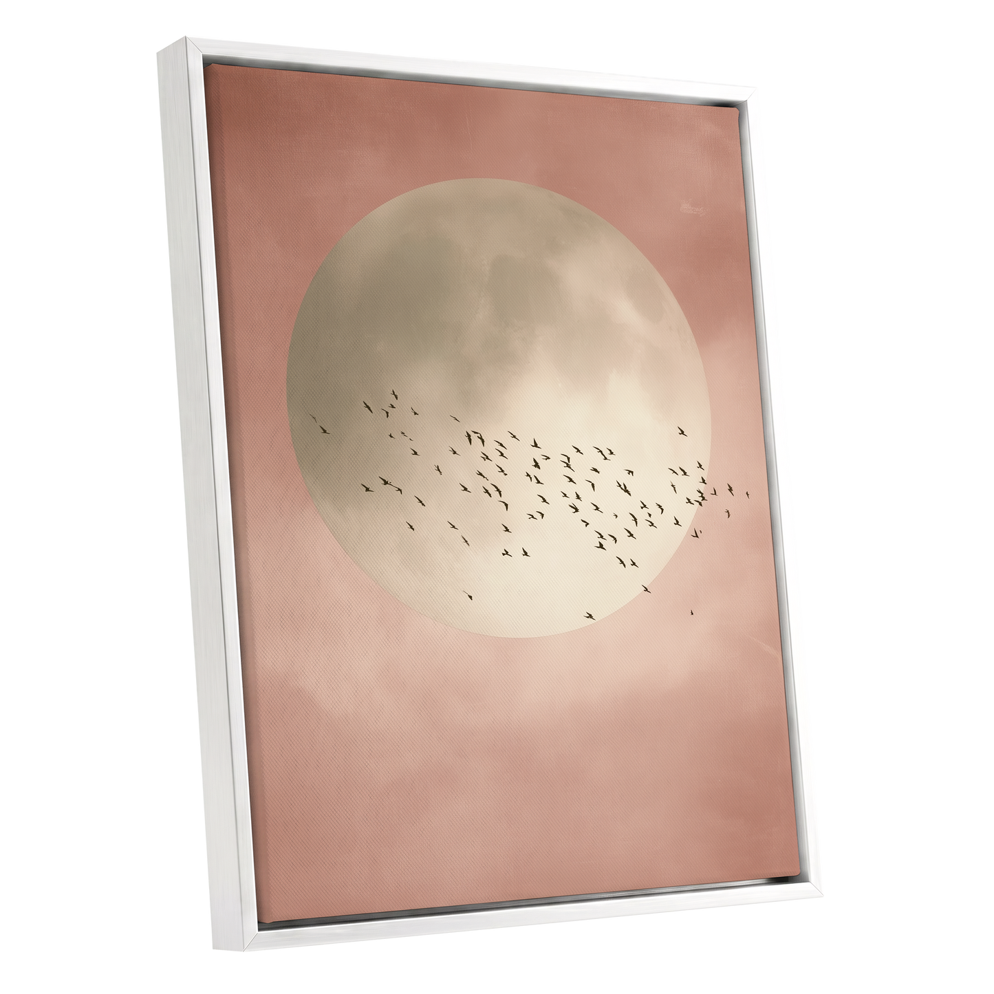 Blush Moon Migration, pink, beige, black nature wall art shown as a white framed canvas wall art
