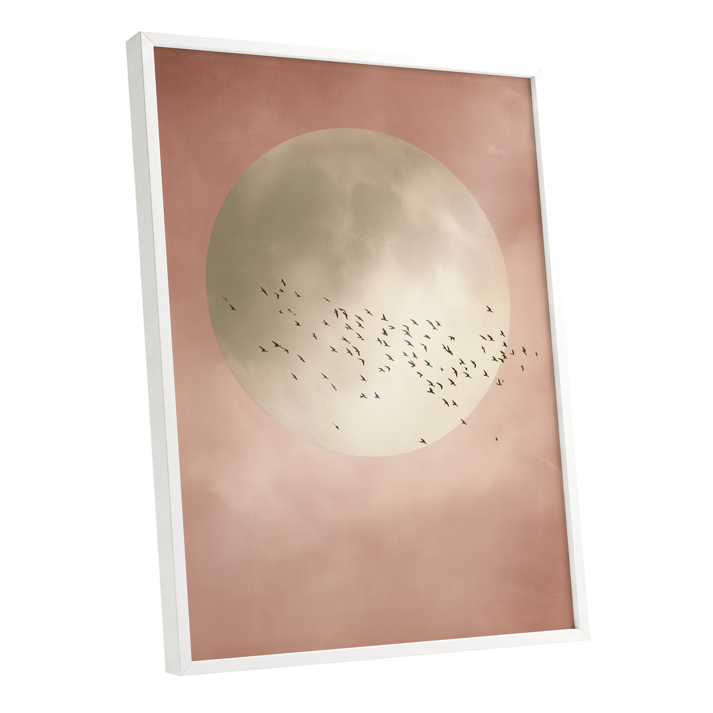 Blush Moon Migration, pink, beige, black nature wall art shown as a white framed poster wall art print