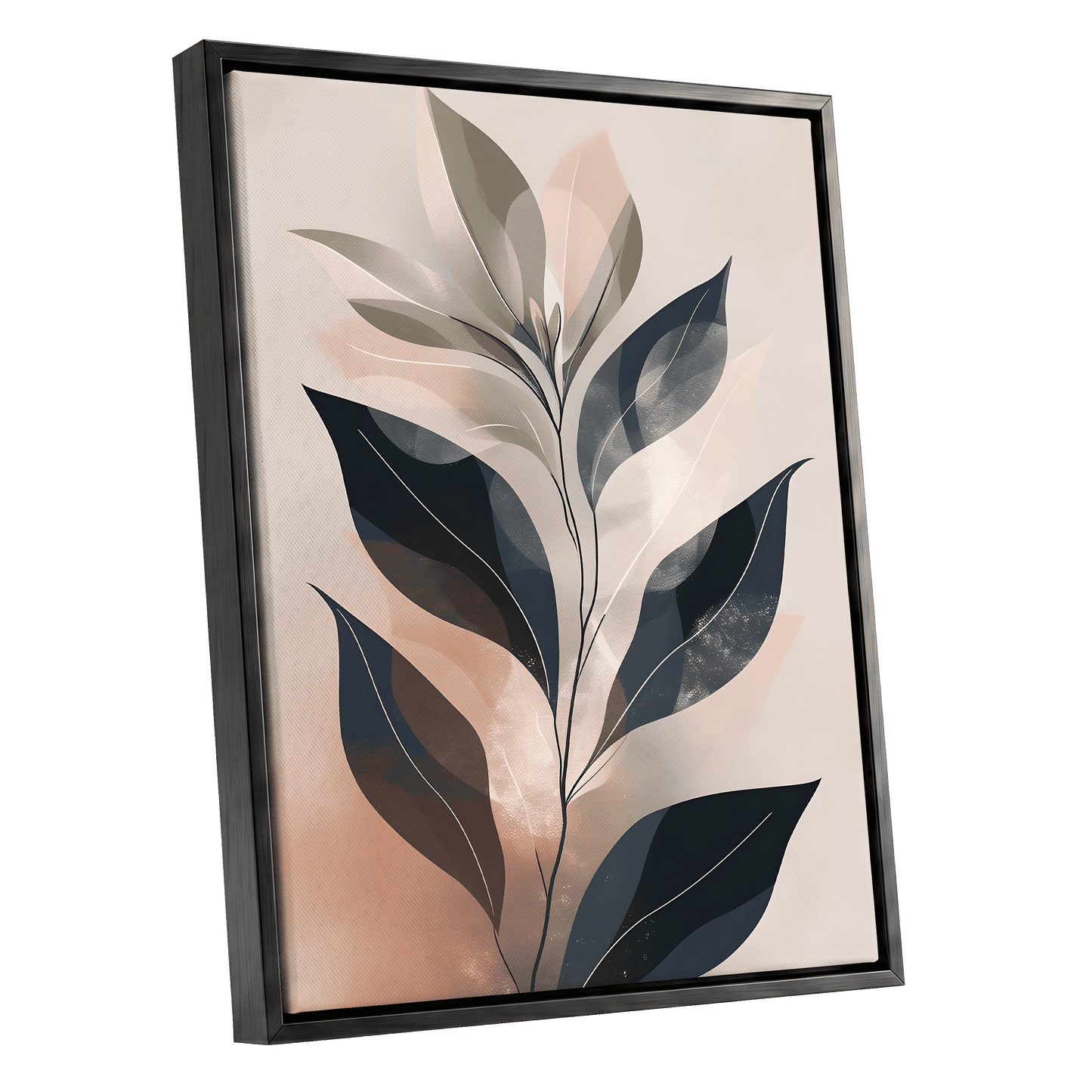 Blush Nocturne Leaves, black, beige, pink nature wall art shown as a black framed canvas wall art