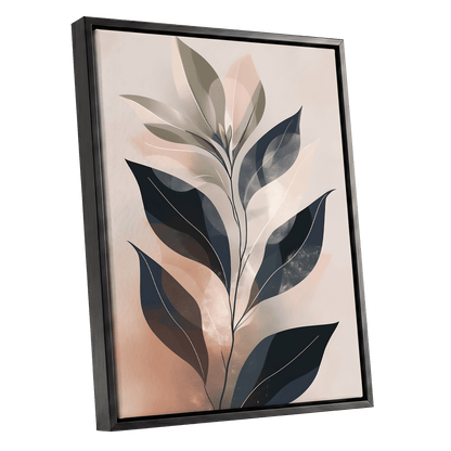 Blush Nocturne Leaves, black, beige, pink nature wall art shown as a black framed canvas wall art