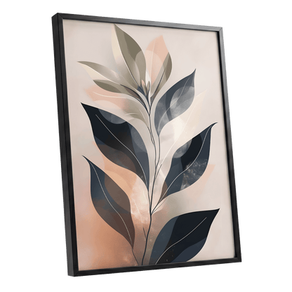 Blush Nocturne Leaves, black, beige, pink nature wall art shown as a black framed poster wall art print