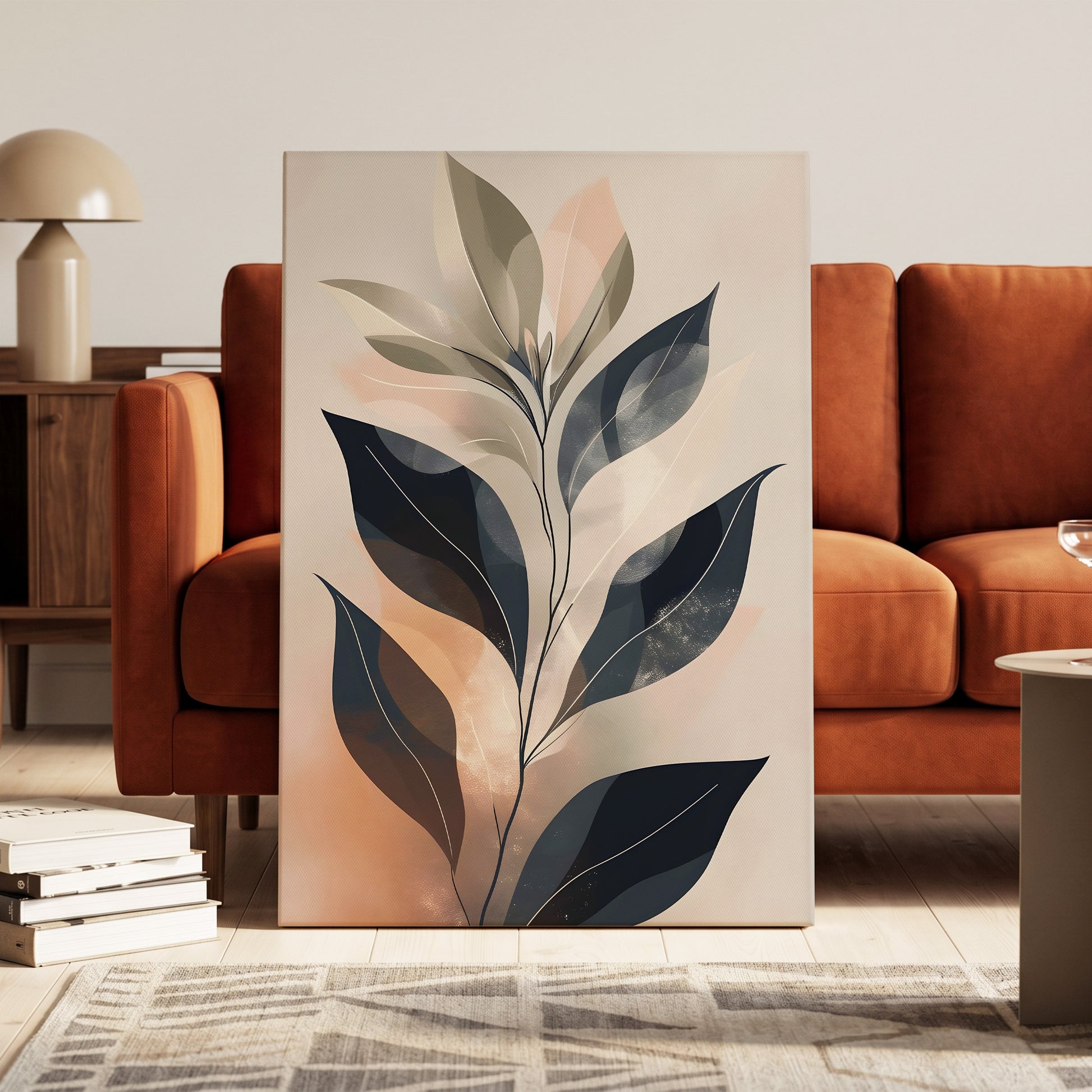 Blush Nocturne Leaves, black, beige, pink nature wall art on canvas displayed in a styled interior, gallery view 1