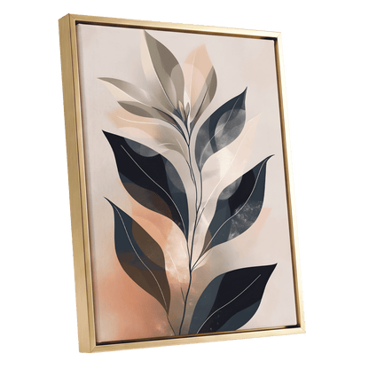 Blush Nocturne Leaves, black, beige, pink nature wall art shown as a gold framed canvas wall art