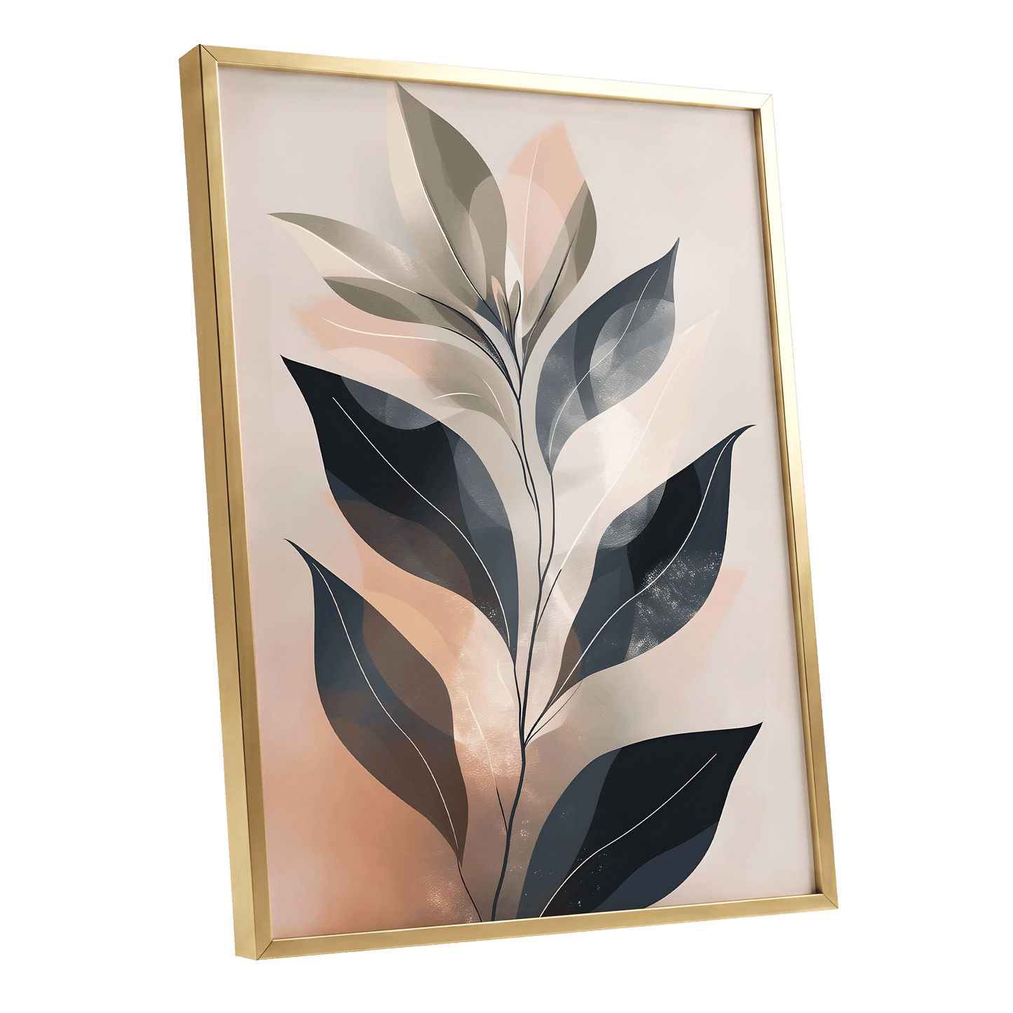 Blush Nocturne Leaves, black, beige, pink nature wall art shown as a gold framed poster wall art print