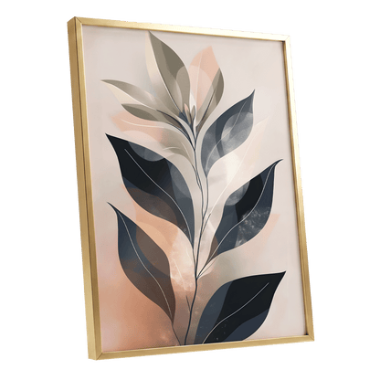 Blush Nocturne Leaves, black, beige, pink nature wall art shown as a gold framed poster wall art print