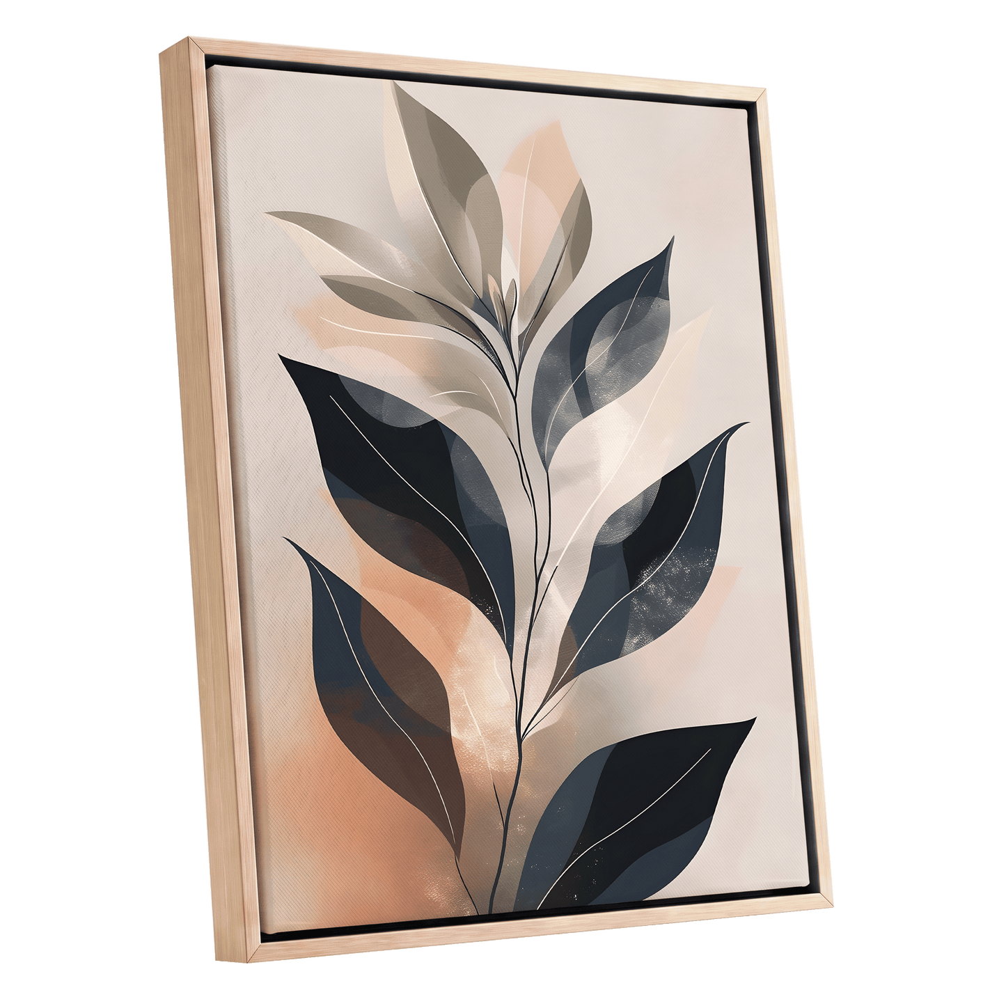 Blush Nocturne Leaves, black, beige, pink nature wall art shown as a oak framed canvas wall art