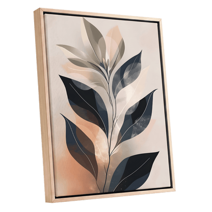 Blush Nocturne Leaves, black, beige, pink nature wall art shown as a oak framed canvas wall art