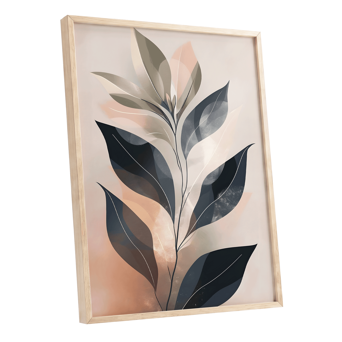 Blush Nocturne Leaves, black, beige, pink nature wall art shown as a oak framed poster wall art print