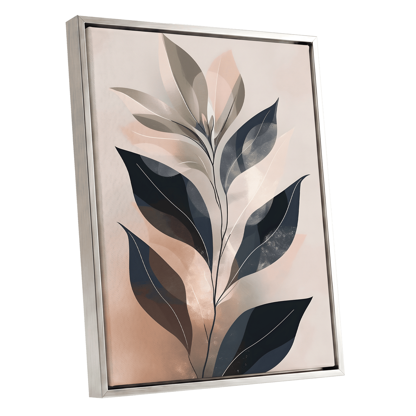 Blush Nocturne Leaves, black, beige, pink nature wall art shown as a silver framed canvas wall art
