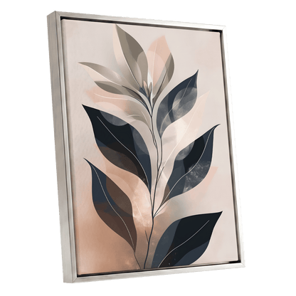 Blush Nocturne Leaves, black, beige, pink nature wall art shown as a silver framed canvas wall art