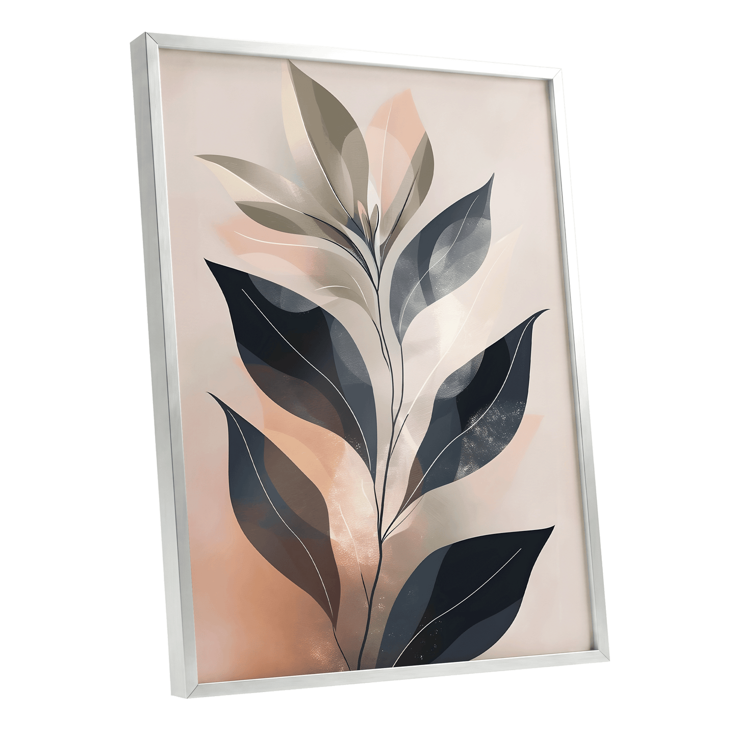 Blush Nocturne Leaves, black, beige, pink nature wall art shown as a silver framed poster wall art print