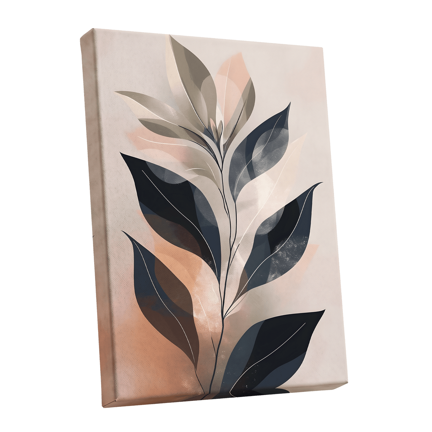 Blush Nocturne Leaves, black, beige, pink nature wall art shown as a stretched canvas wall art