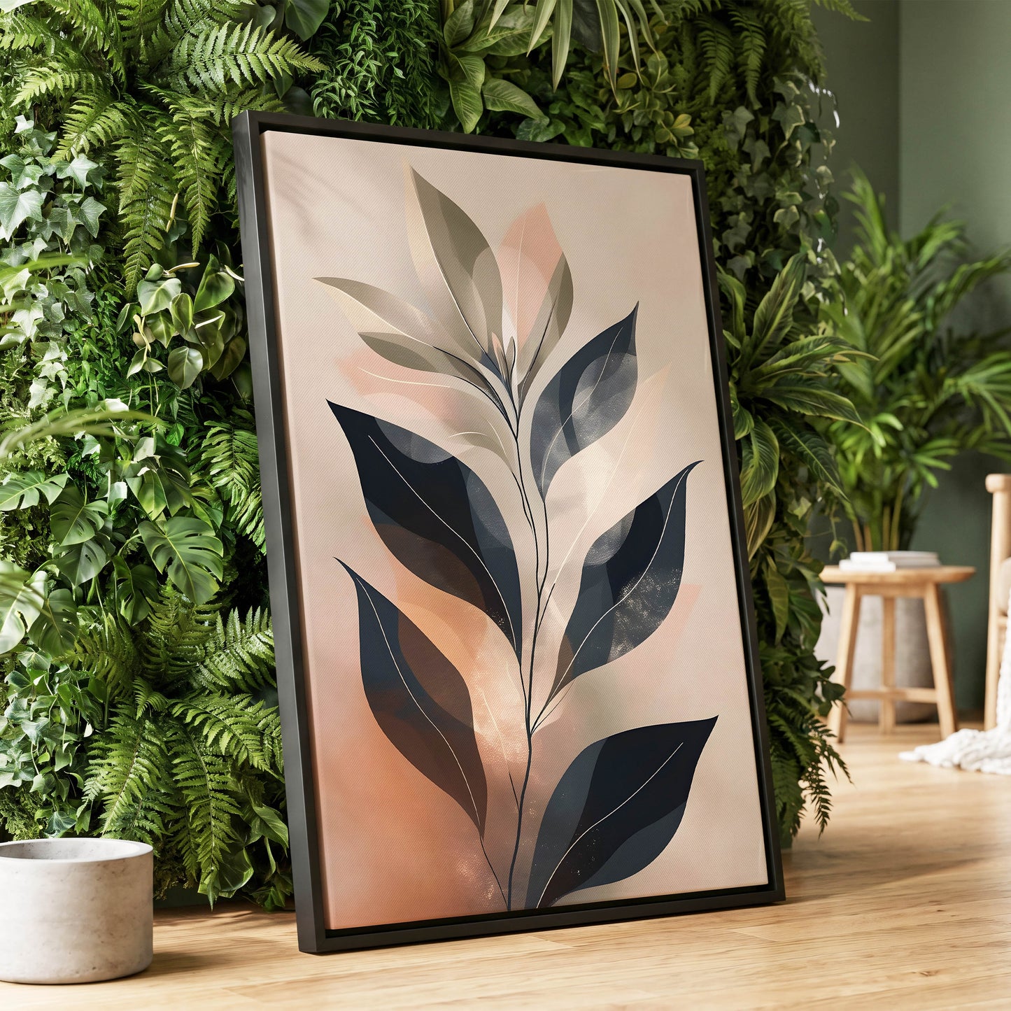 Blush Nocturne Leaves, black, beige, pink nature wall art displayed in a styled interior, gallery view 1