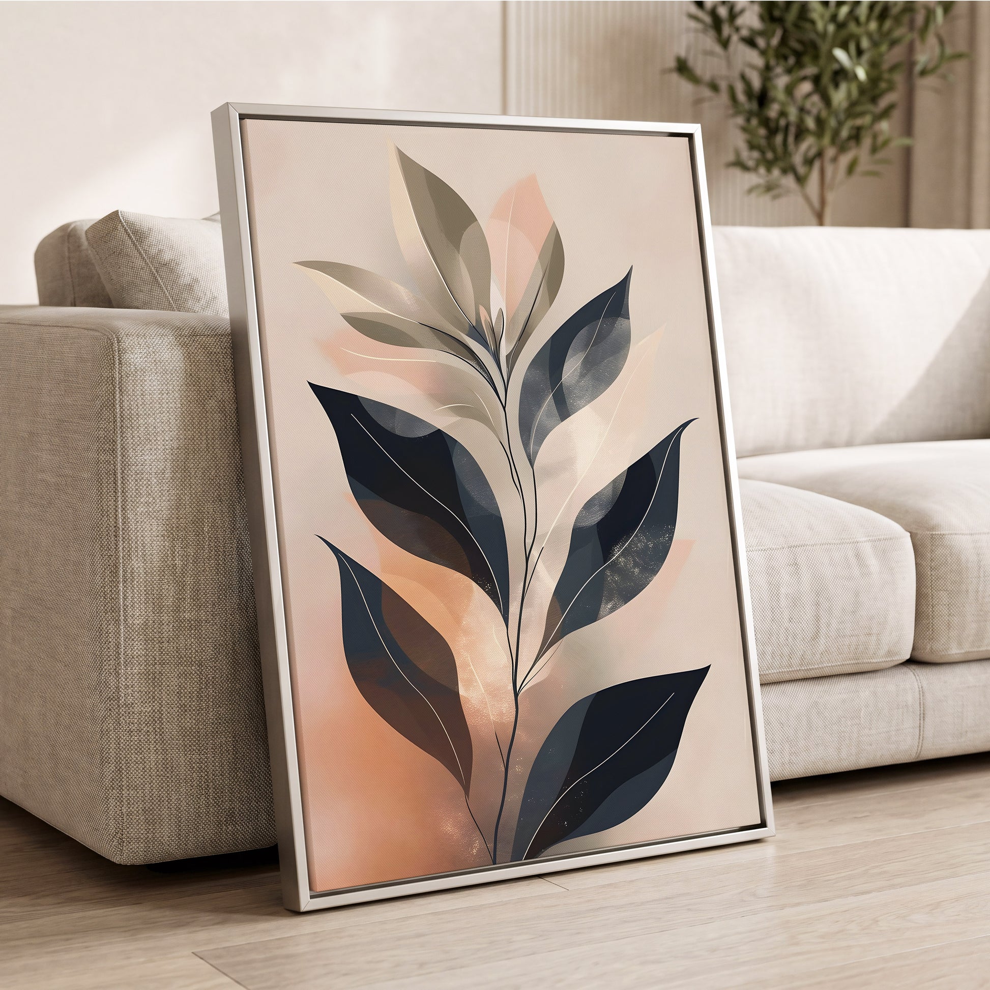 Blush Nocturne Leaves, black, beige, pink nature wall art displayed in a styled interior, gallery view 2