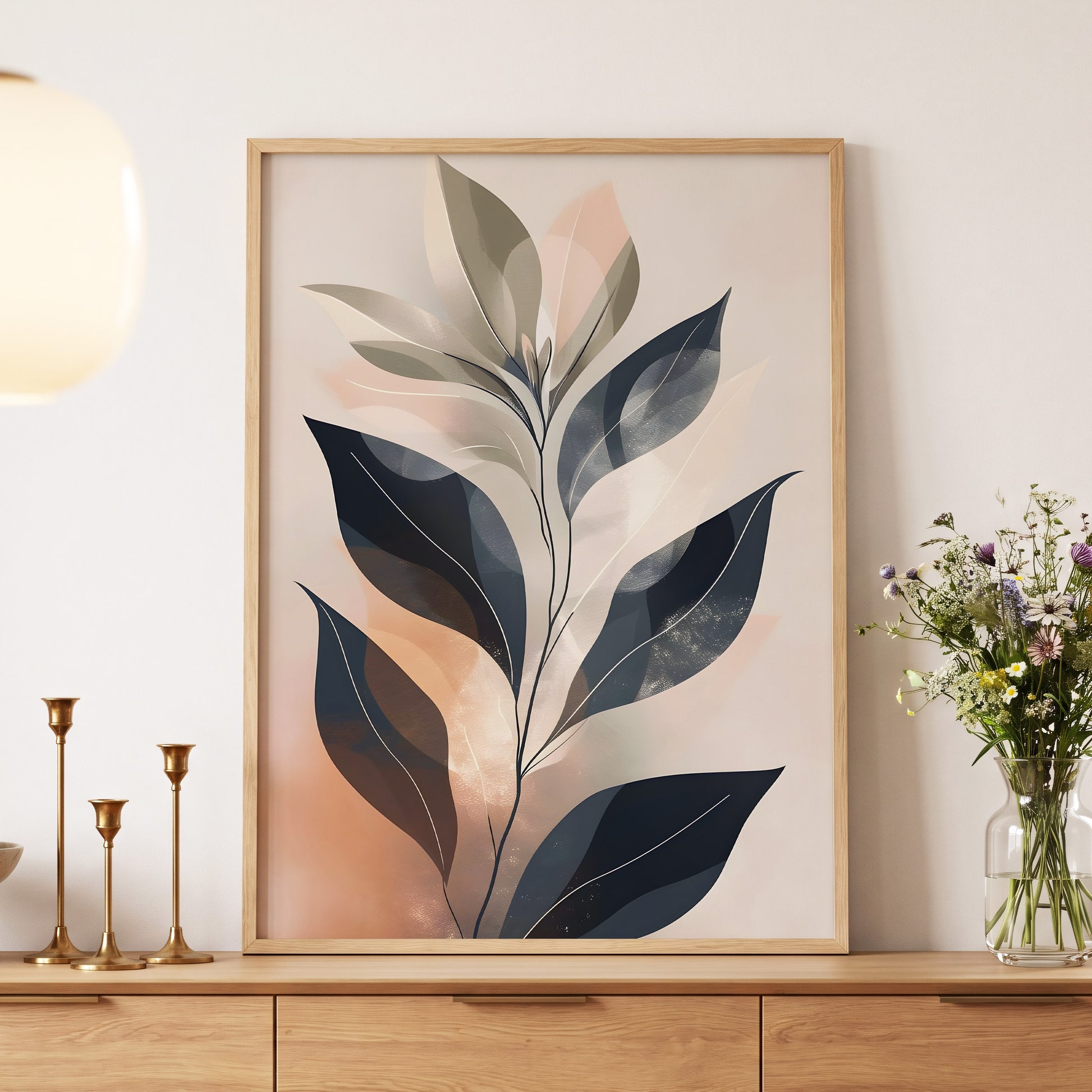 Blush Nocturne Leaves, black, beige, pink nature wall art displayed in a styled interior, gallery view 5
