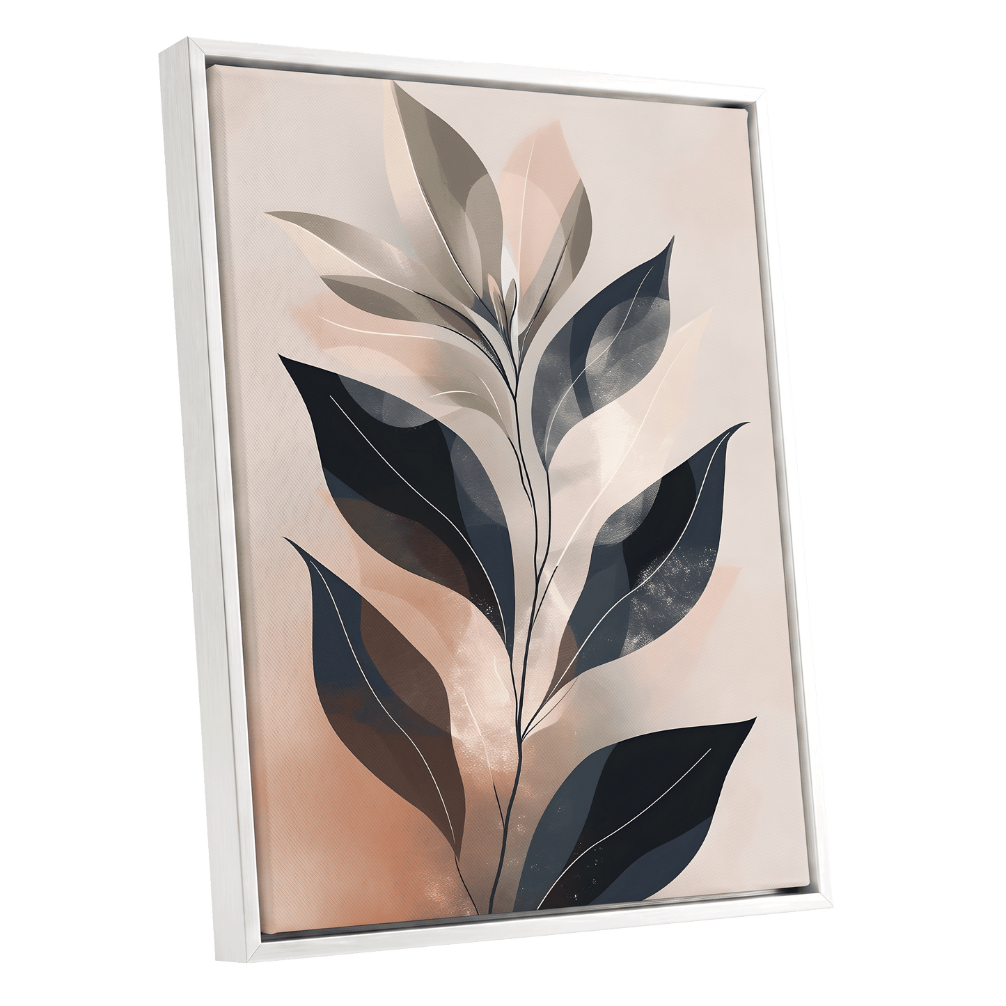 Blush Nocturne Leaves, black, beige, pink nature wall art shown as a white framed canvas wall art