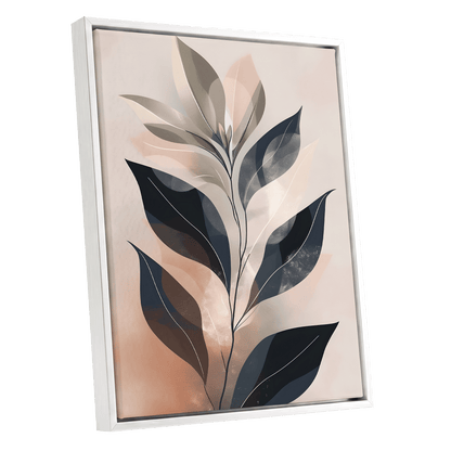 Blush Nocturne Leaves, black, beige, pink nature wall art shown as a white framed canvas wall art