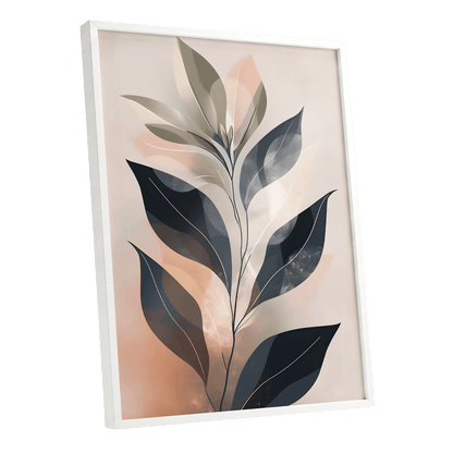 Blush Nocturne Leaves, black, beige, pink nature wall art shown as a white framed poster wall art print