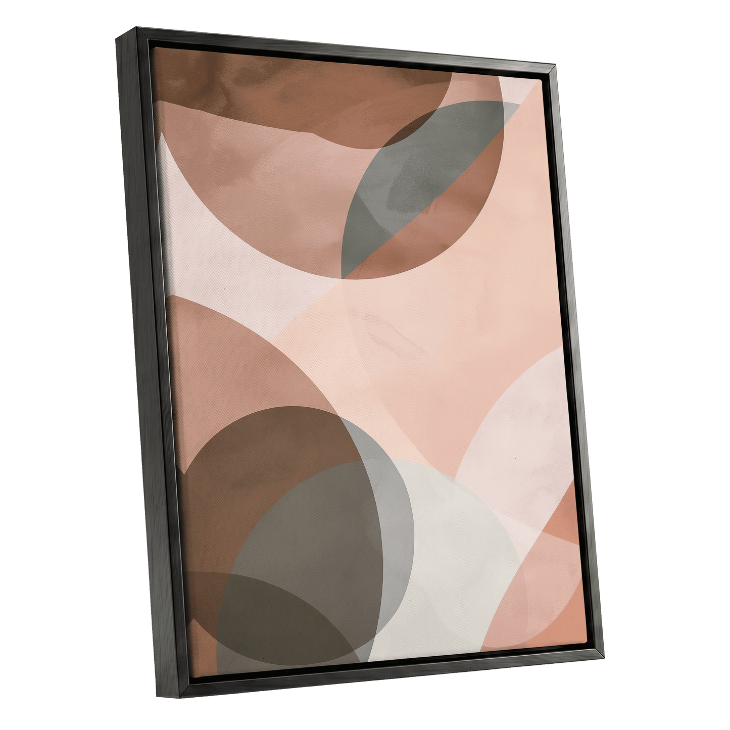 Blush Orbit, pink, brown, beige abstract wall art shown as a black framed canvas wall art