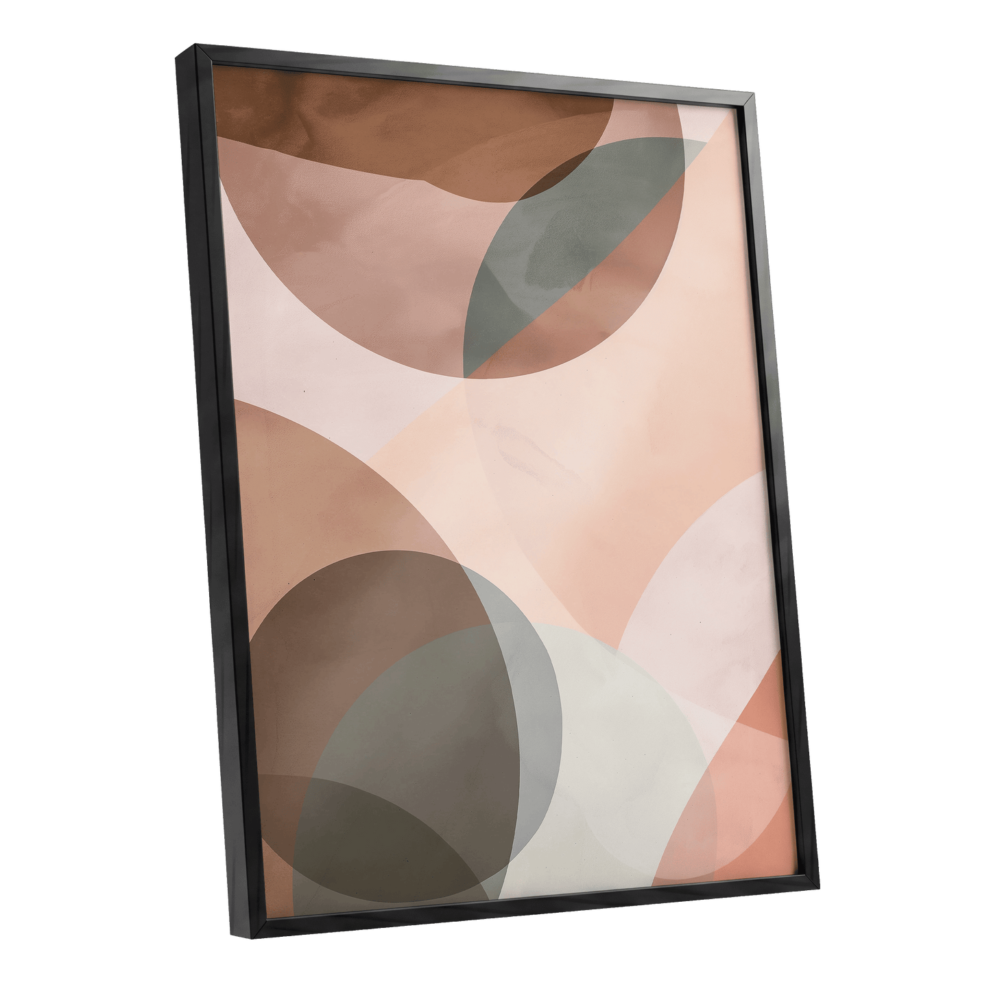 Blush Orbit, pink, brown, beige abstract wall art shown as a black framed poster wall art print