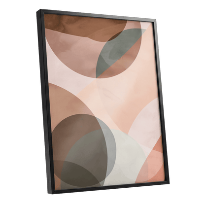 Blush Orbit, pink, brown, beige abstract wall art shown as a black framed poster wall art print