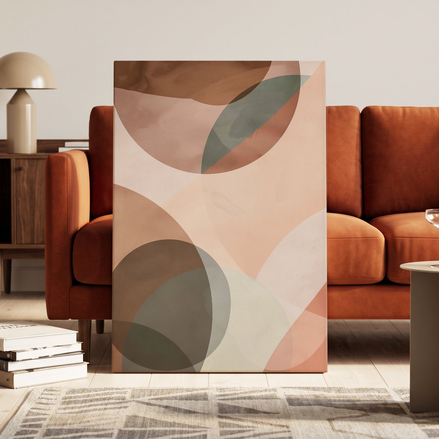 Blush Orbit, pink, brown, beige abstract wall art on canvas displayed in a styled interior, gallery view 1