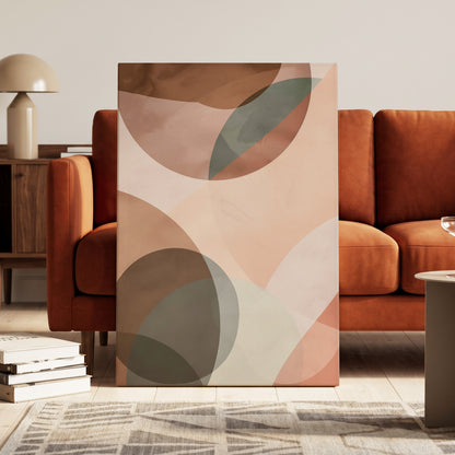 Blush Orbit, pink, brown, beige abstract wall art on canvas displayed in a styled interior, gallery view 1