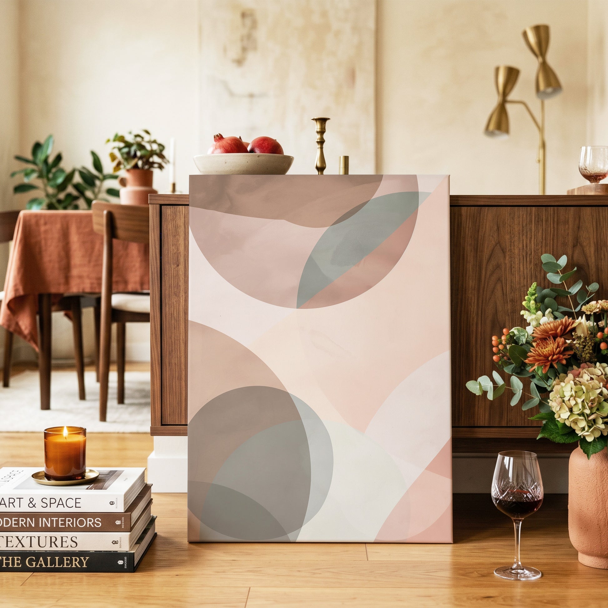 Blush Orbit, pink, brown, beige abstract wall art on canvas displayed in a styled interior, gallery view 2