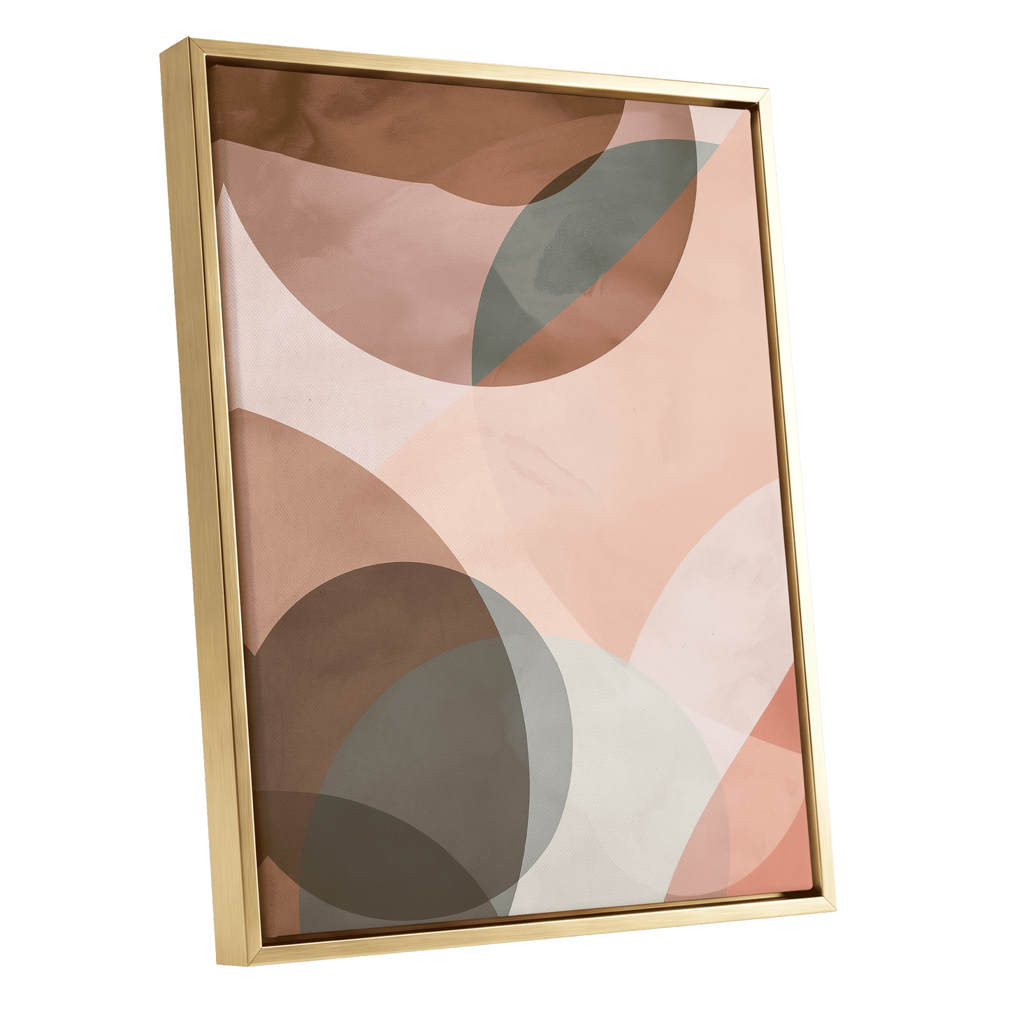 Blush Orbit, pink, brown, beige abstract wall art shown as a gold framed canvas wall art