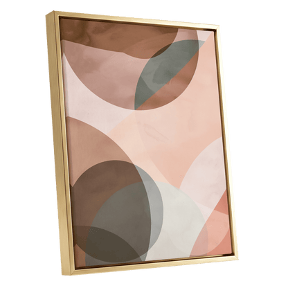 Blush Orbit, pink, brown, beige abstract wall art shown as a gold framed canvas wall art