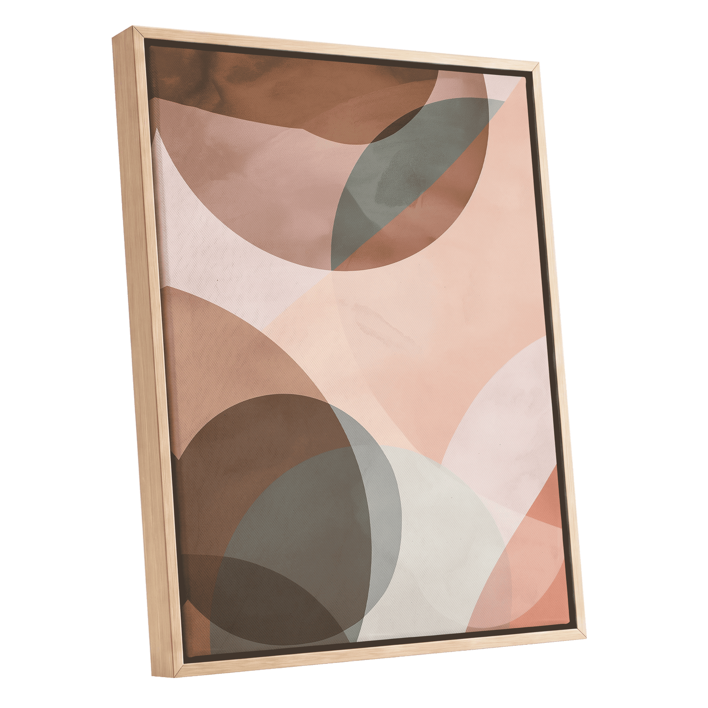 Blush Orbit, pink, brown, beige abstract wall art shown as a oak framed canvas wall art