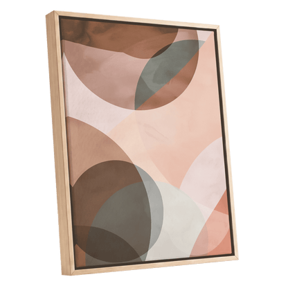 Blush Orbit, pink, brown, beige abstract wall art shown as a oak framed canvas wall art