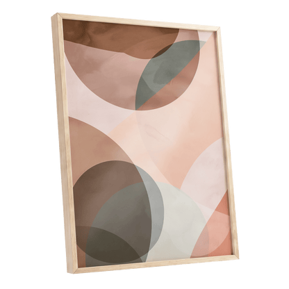 Blush Orbit, pink, brown, beige abstract wall art shown as a oak framed poster wall art print