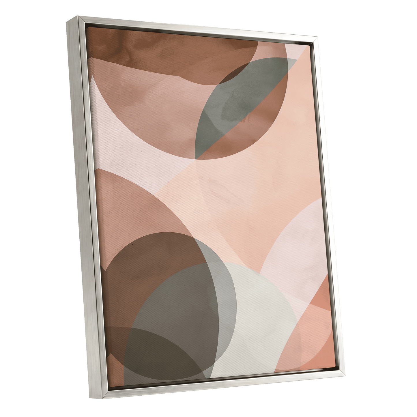 Blush Orbit, pink, brown, beige abstract wall art shown as a silver framed canvas wall art
