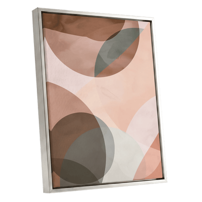 Blush Orbit, pink, brown, beige abstract wall art shown as a silver framed canvas wall art