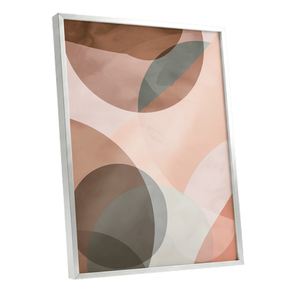 Blush Orbit, pink, brown, beige abstract wall art shown as a silver framed poster wall art print