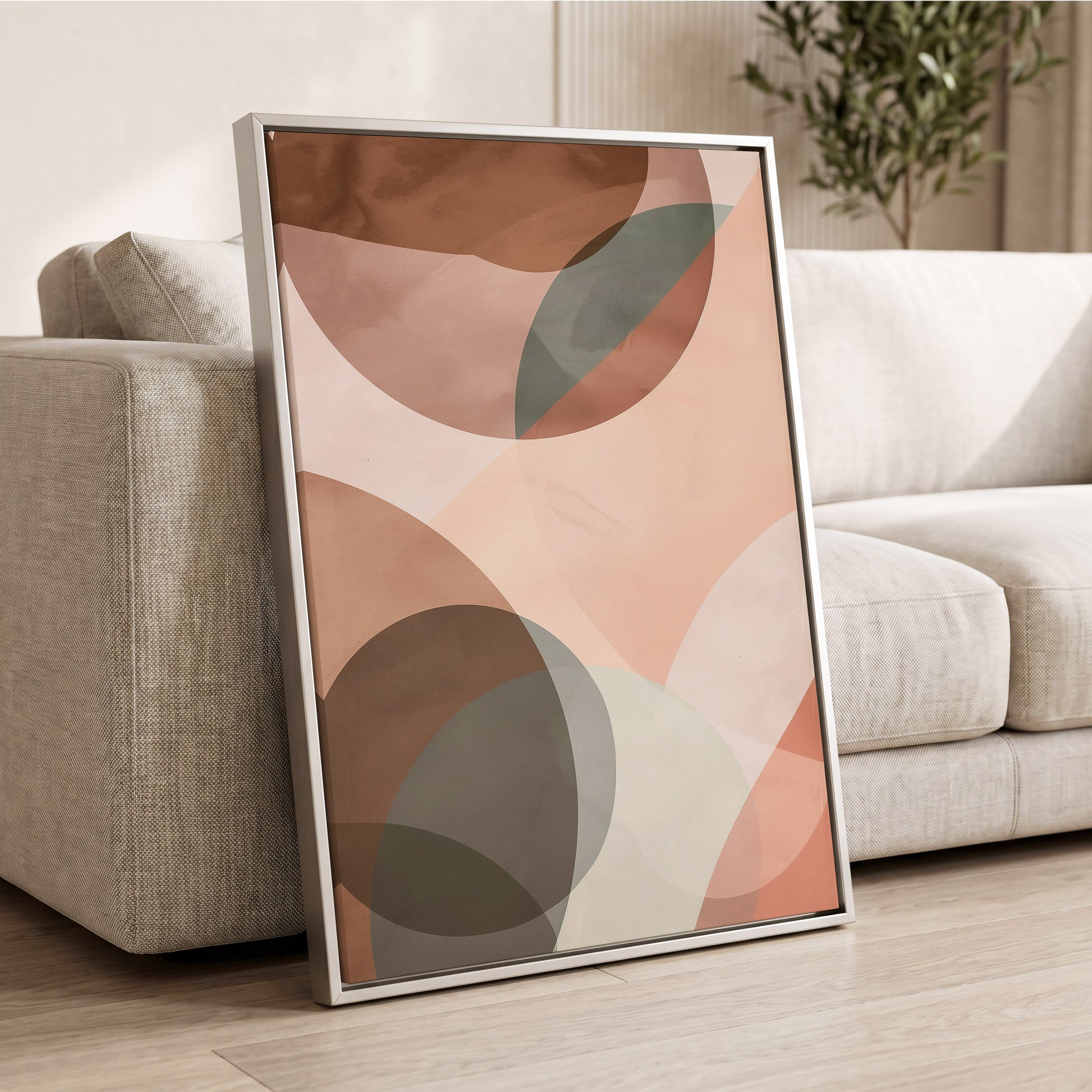 Blush Orbit, pink, brown, beige abstract wall art displayed in a styled interior, gallery view 2