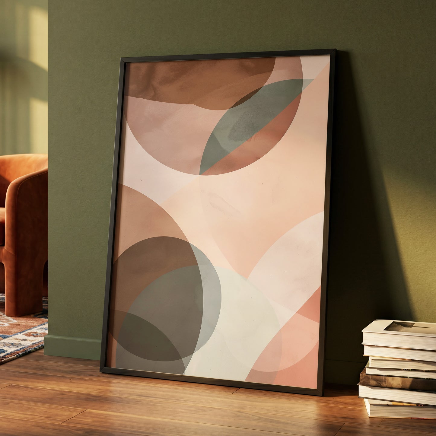 Blush Orbit, pink, brown, beige abstract wall art displayed in a styled interior, gallery view 4