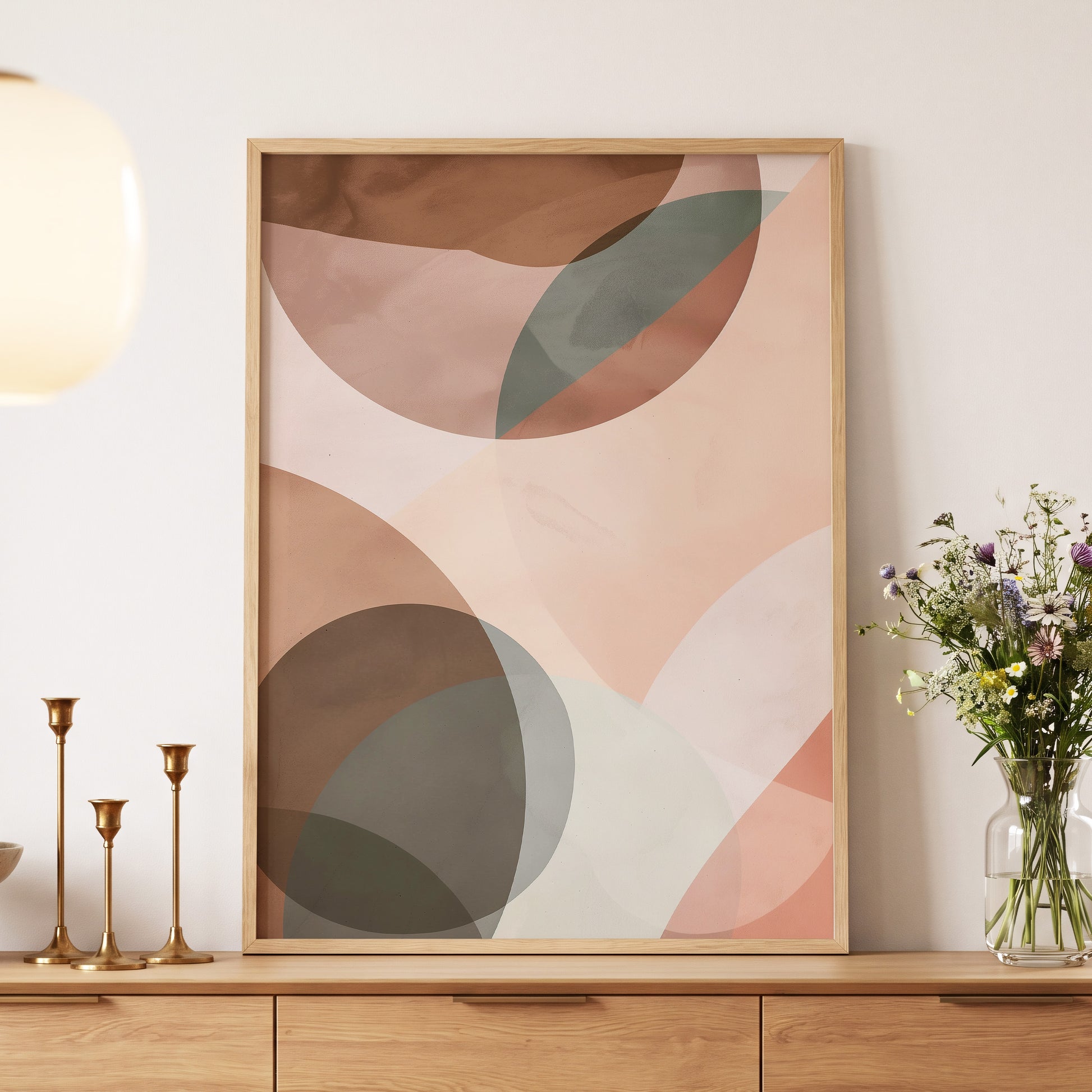 Blush Orbit, pink, brown, beige abstract wall art displayed in a styled interior, gallery view 5
