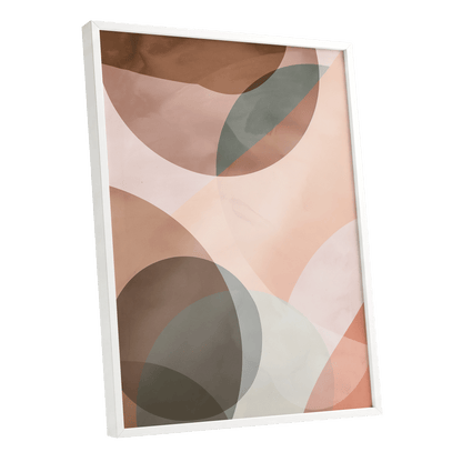 Blush Orbit, pink, brown, beige abstract wall art shown as a white framed poster wall art print