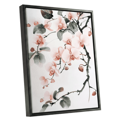 Blush Orchid Cascade, pink, white, green floral wall art shown as a black framed canvas wall art