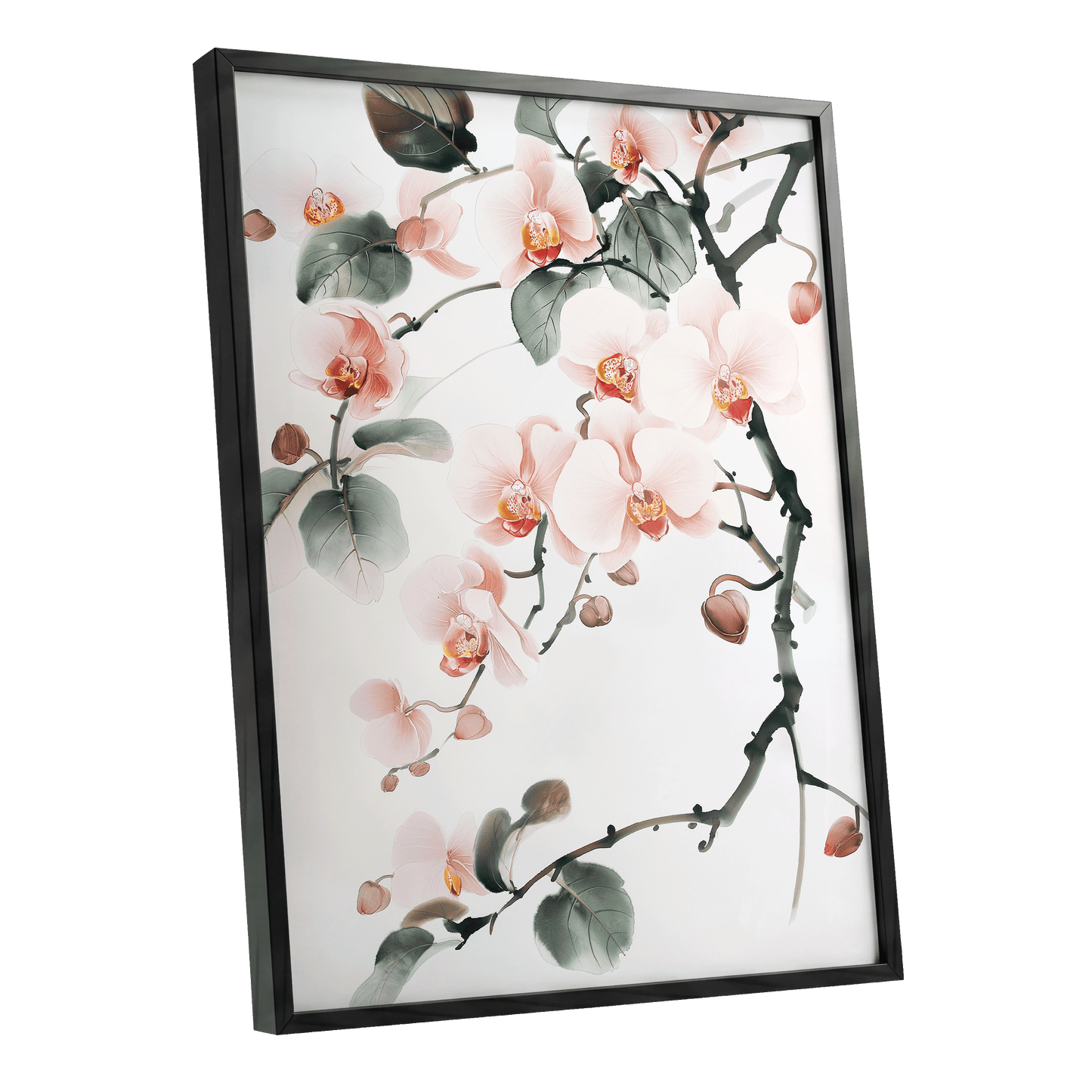 Blush Orchid Cascade, pink, white, green floral wall art shown as a black framed poster wall art print
