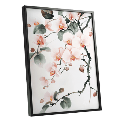 Blush Orchid Cascade, pink, white, green floral wall art shown as a black framed poster wall art print