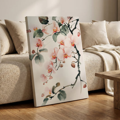 Blush Orchid Cascade, pink, white, green floral wall art on canvas displayed in a styled interior, gallery view 1