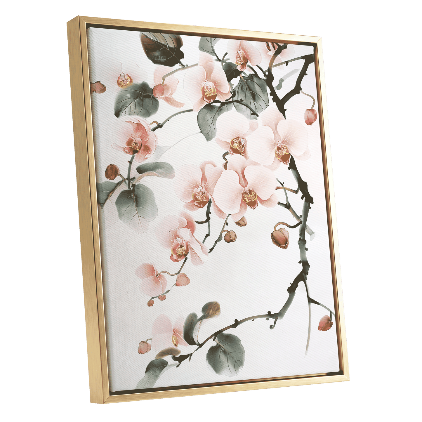 Blush Orchid Cascade, pink, white, green floral wall art shown as a gold framed canvas wall art